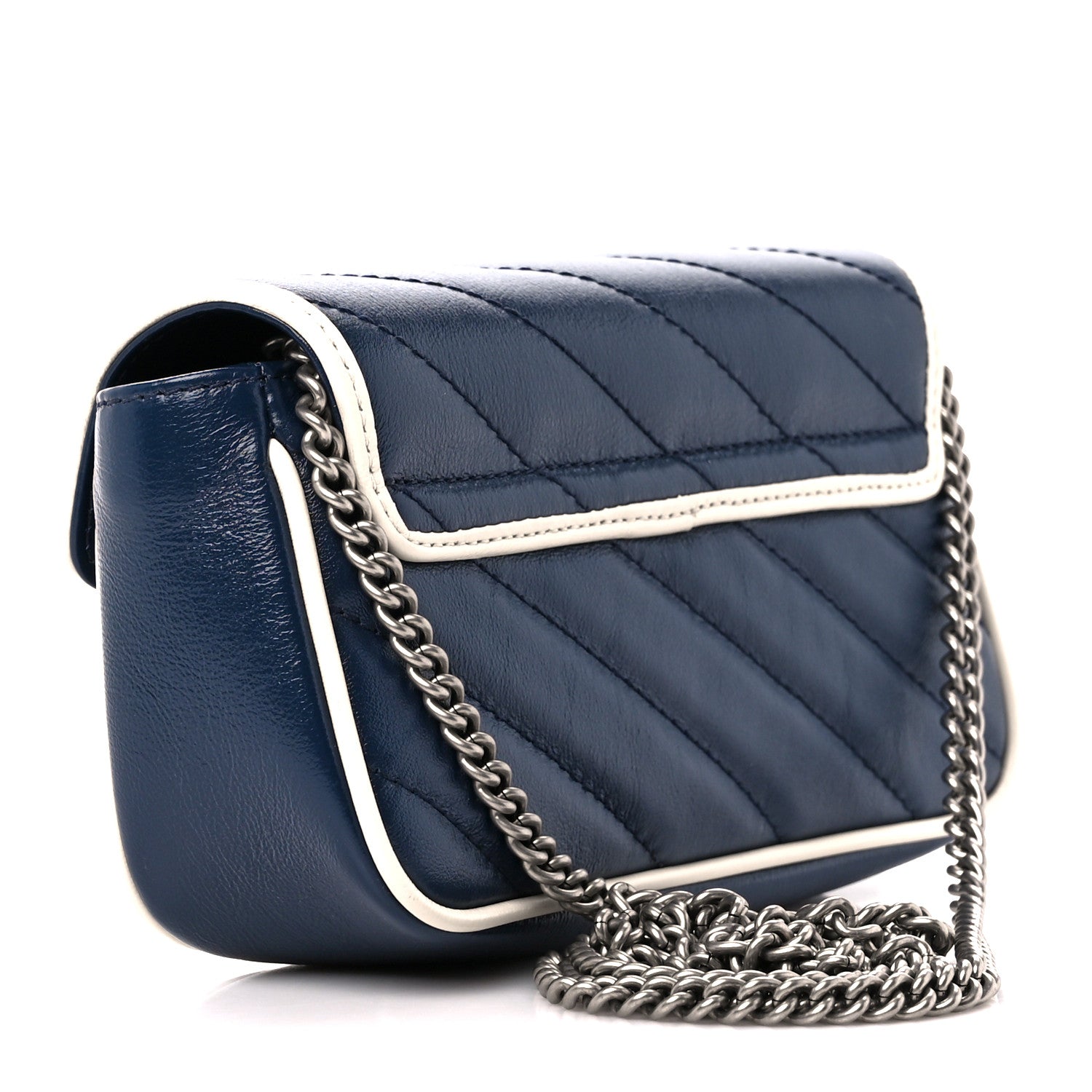 Gucci Vintage Effect Calfskin Matelasse Diagonal Super Mini Torchon GG Marmont Shoulder Bag Blue Agata Mystic White 3 of 11