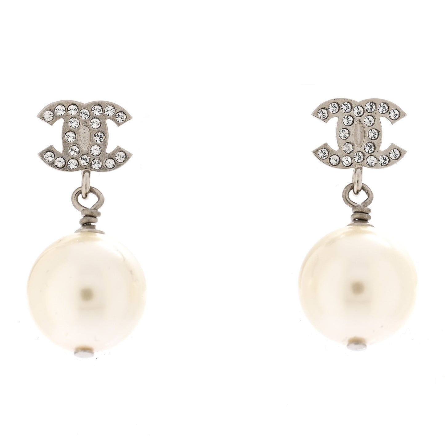 Crystal Pearl CC Drop Earrings Silver Pearly White
