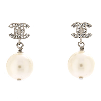 Chanel Crystal Pearl CC Drop Earrings Silver Pearly White 1 of 5