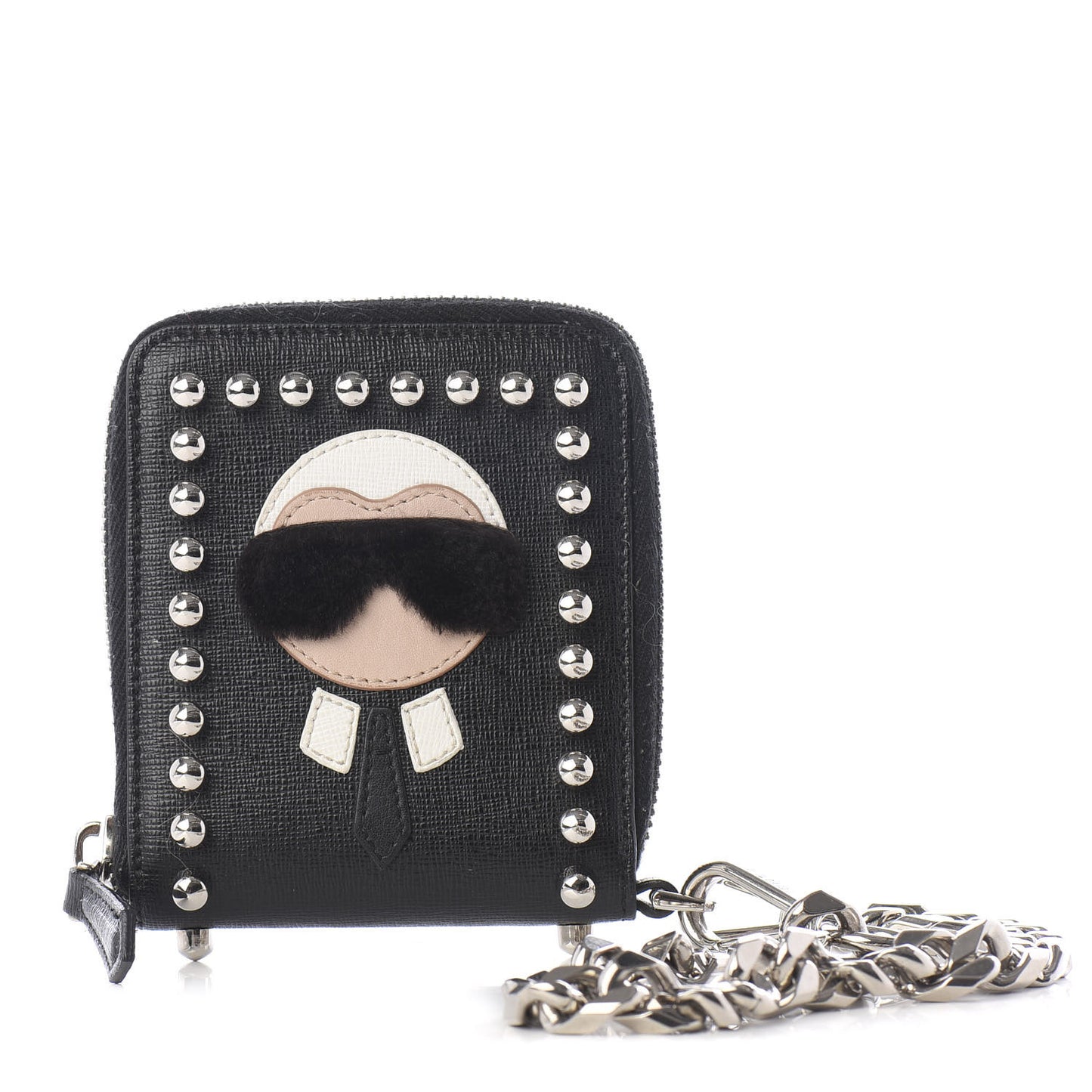 Vitello Elite Flamingo Mink Karlito Studded Zip Around Chain Wallet Black White Plaster