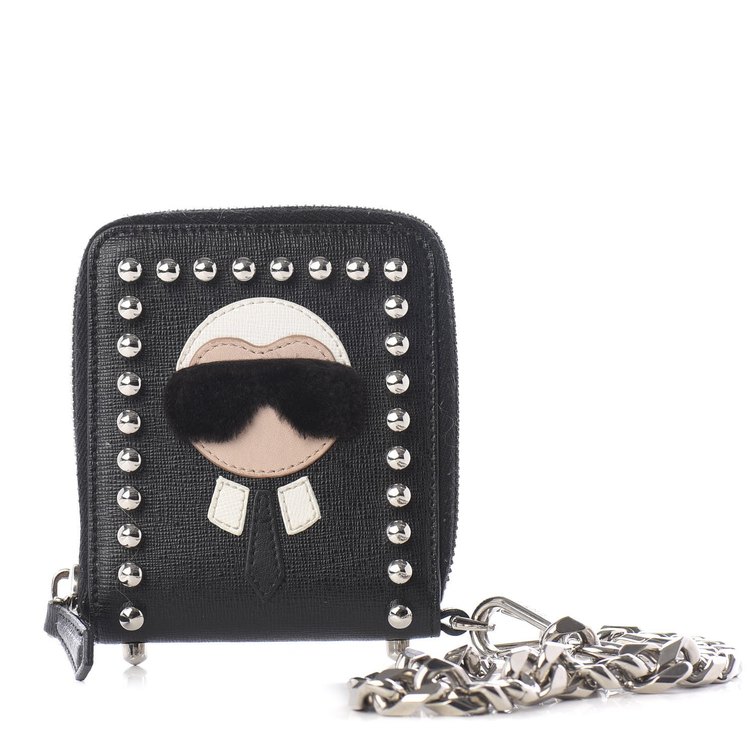 Fendi Vitello Elite Flamingo Mink Karlito Studded Zip Around Chain Wallet Black White Plaster 1 of 7