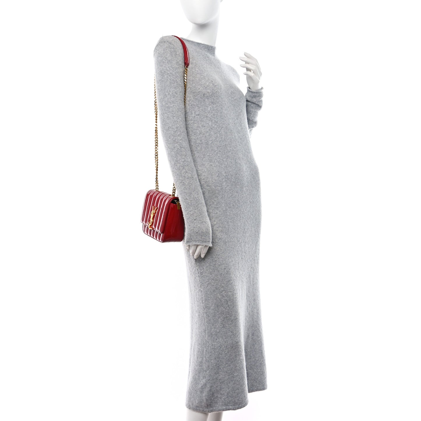 SAINT LAURENT Patent Matelasse Monogram Small Vicky Chain Bag Red