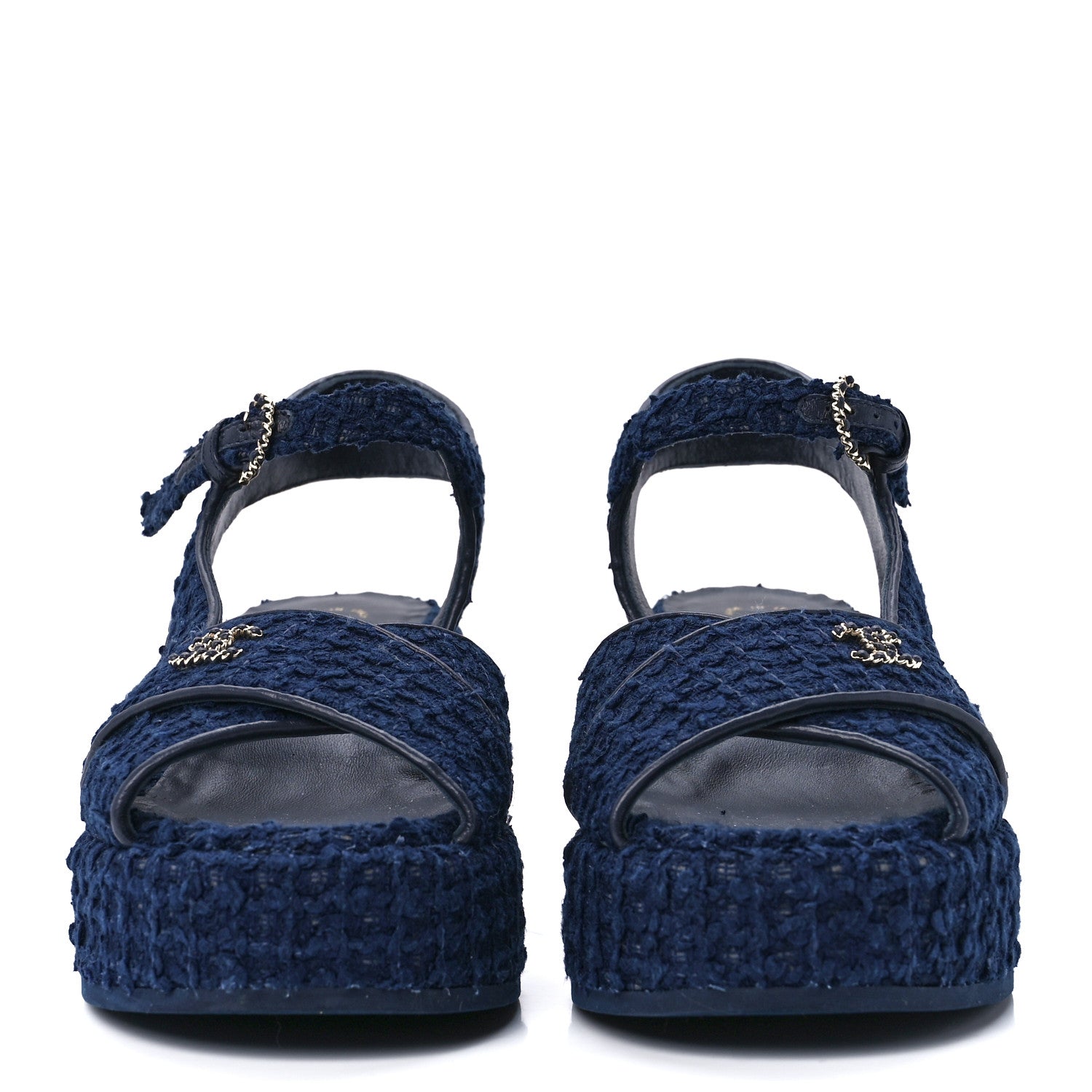 Chanel Silk Linen Tweed Quilted CC Platform Sandals 37 Navy Blue Gray 2 of 9