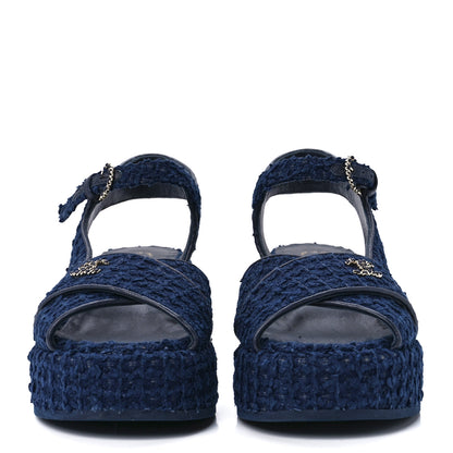 Chanel Silk Linen Tweed Quilted CC Platform Sandals 37 Navy Blue Gray 2 of 9