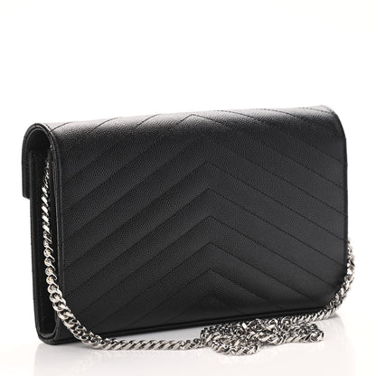 Saint Laurent Grain De Poudre Matelasse Chevron Monogram Chain Wallet Black 3 of 9