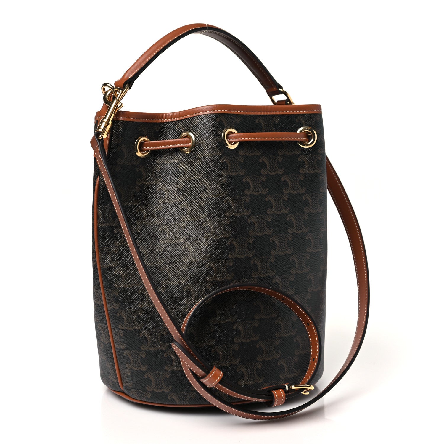 Celine Triomphe Canvas Calfskin Clara Drawstring Bucket Bag Tan 3 of 9