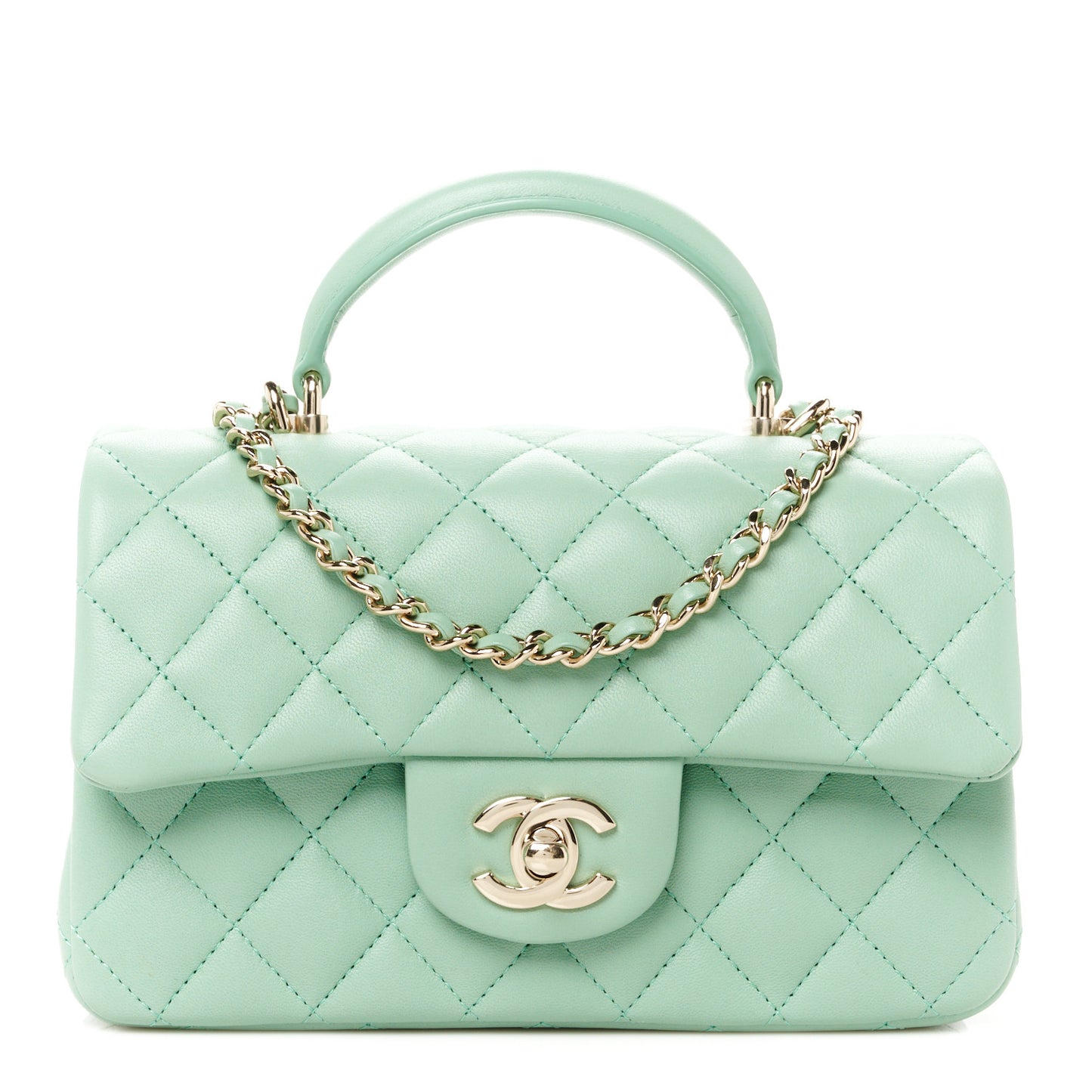 Lambskin Quilted Mini Top Handle Rectangular Flap Light Green