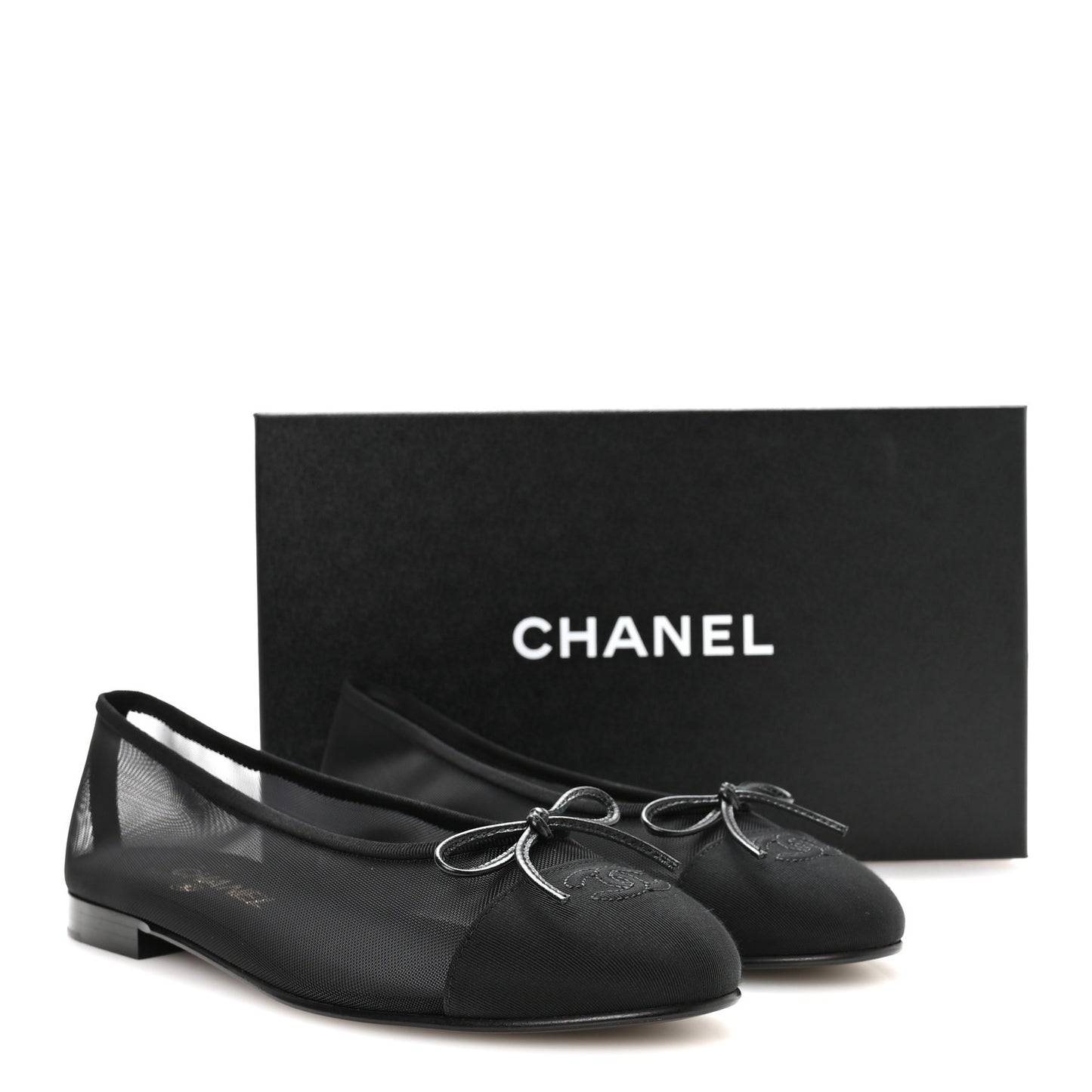 Mesh Grosgrain Cap Toe CC Ballerina Flats 39.5 Black