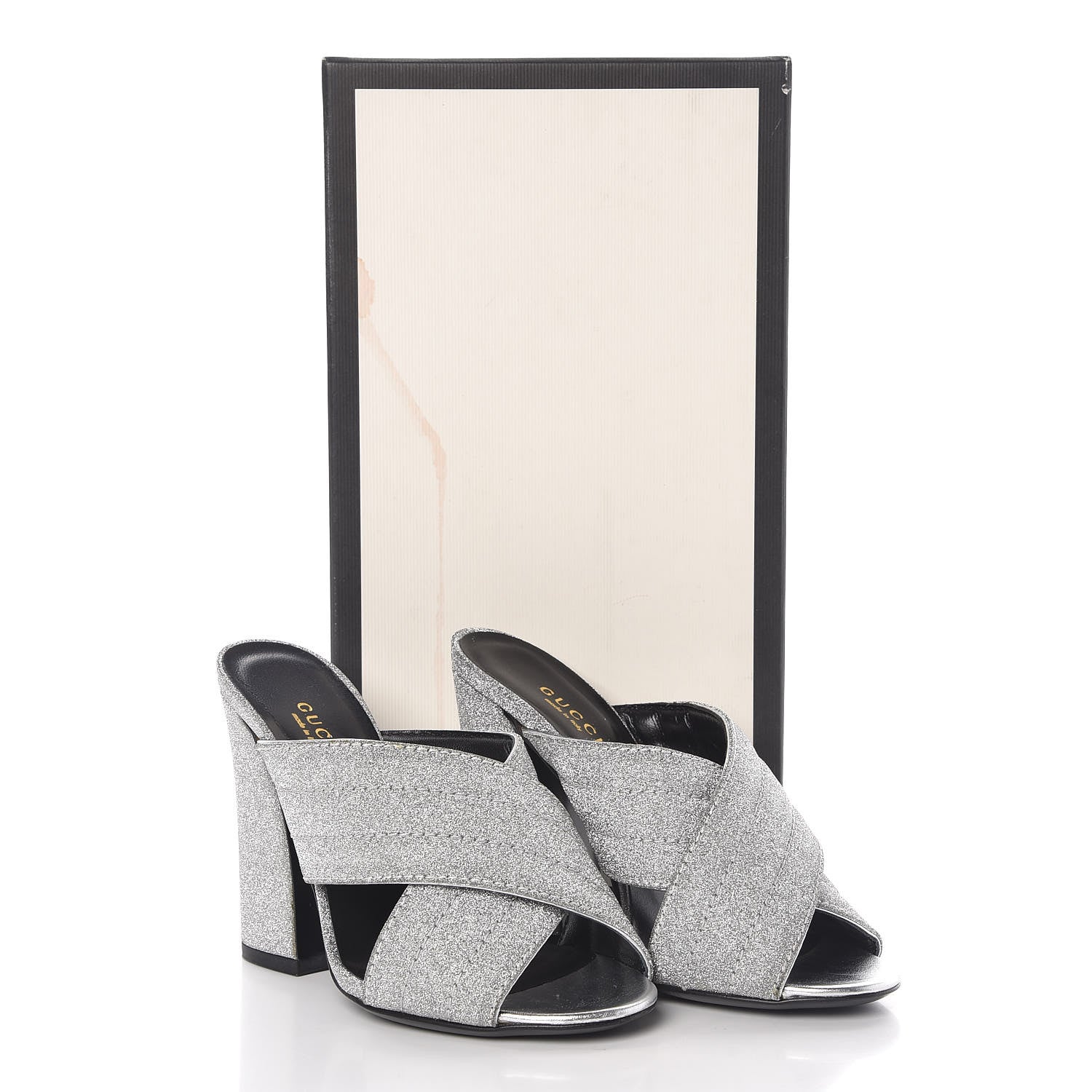 Gucci Glitter Fabric Webby Crossover High Heel Slide Sandals 35.5 Argento 9 of 9