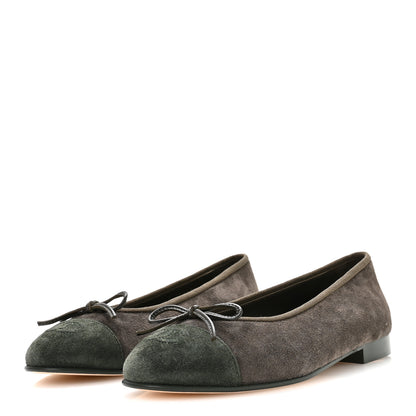 Chanel Suede Calfskin Cap Toe CC Ballerina Flats 37.5 Dark Khaki Dark Green 4 of 9