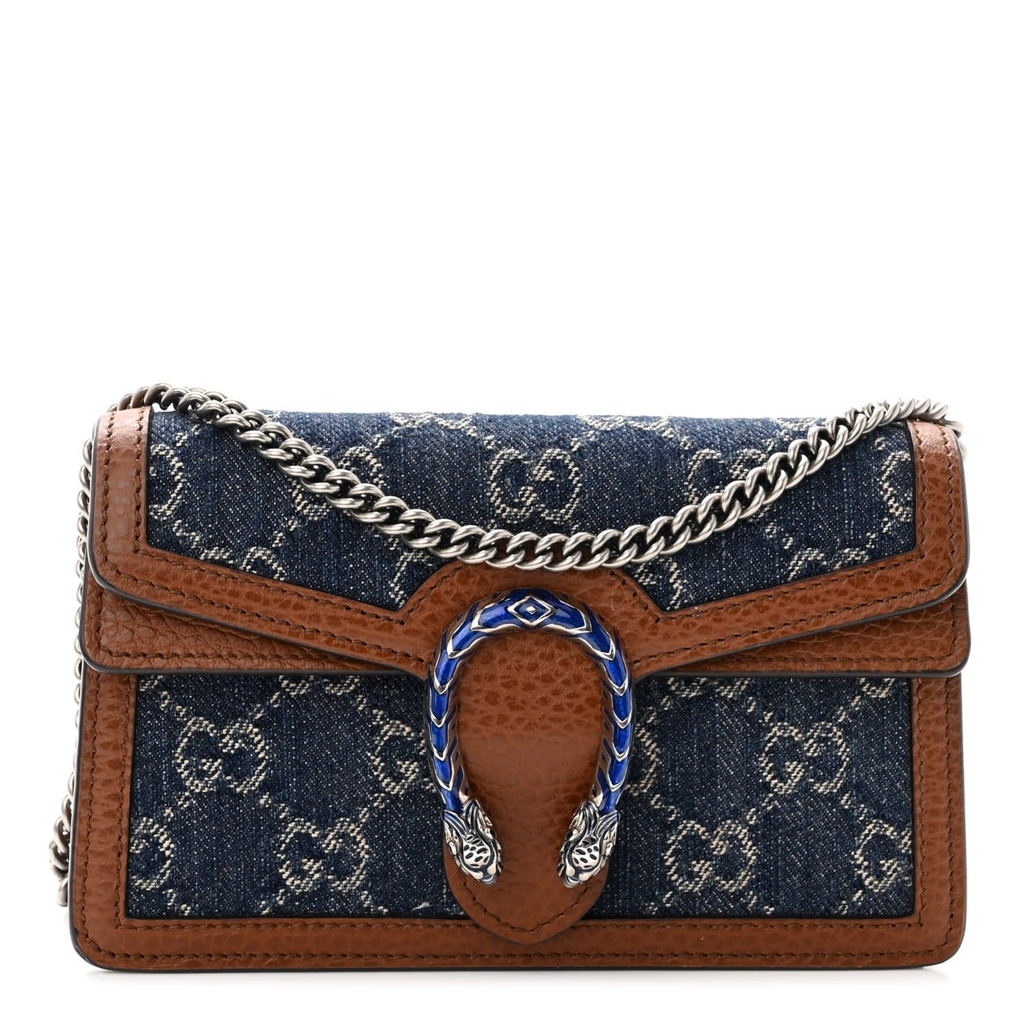 New Denim GG Monogram Dollar Calfskin Enamel Super Mini Dionysus Shoulder Bag Blue Tea Cuir Epilog Electric Blue