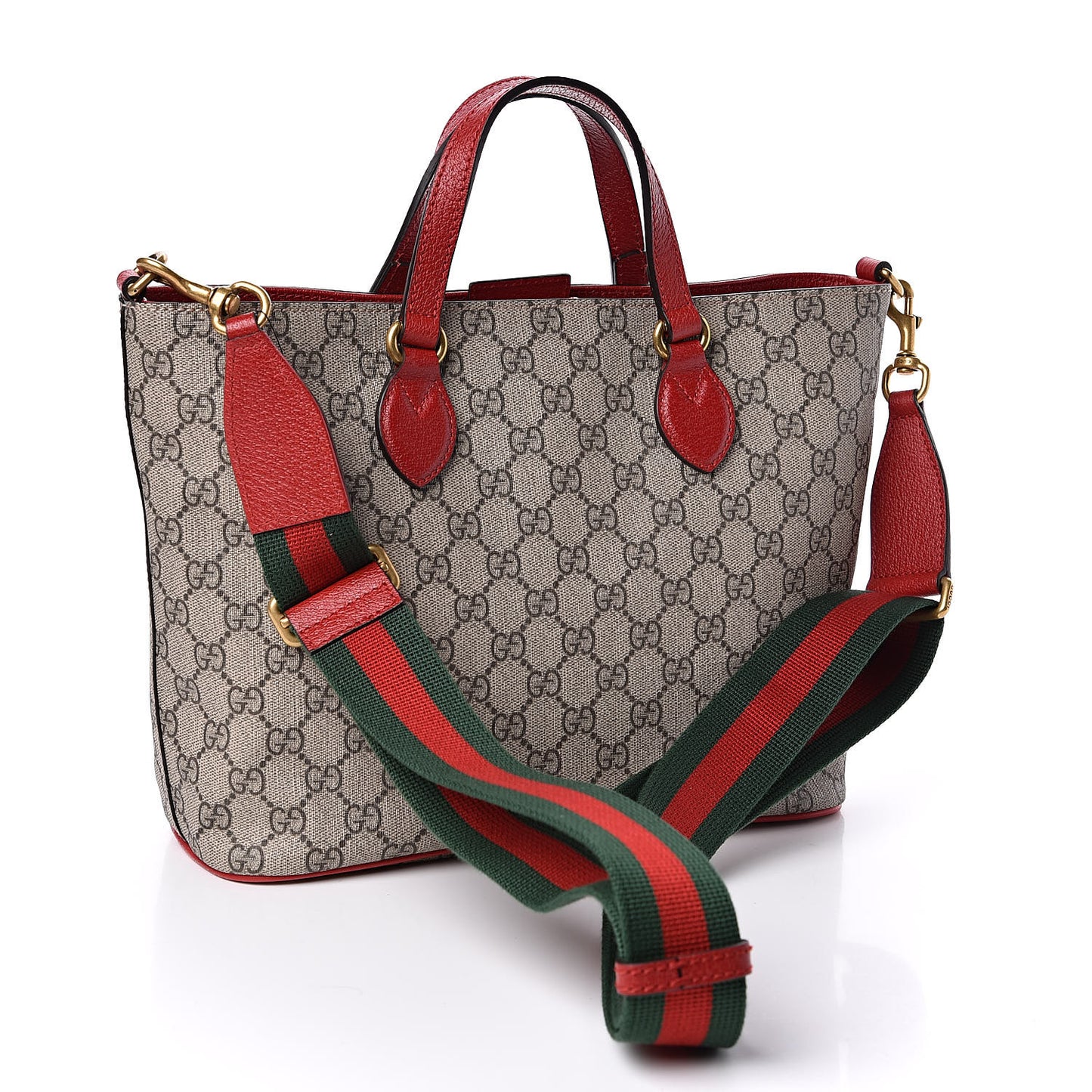 Soft GG Supreme Monogram Web Bosco Patch Small Crossbody Tote Beige Malva Hibiscus Red