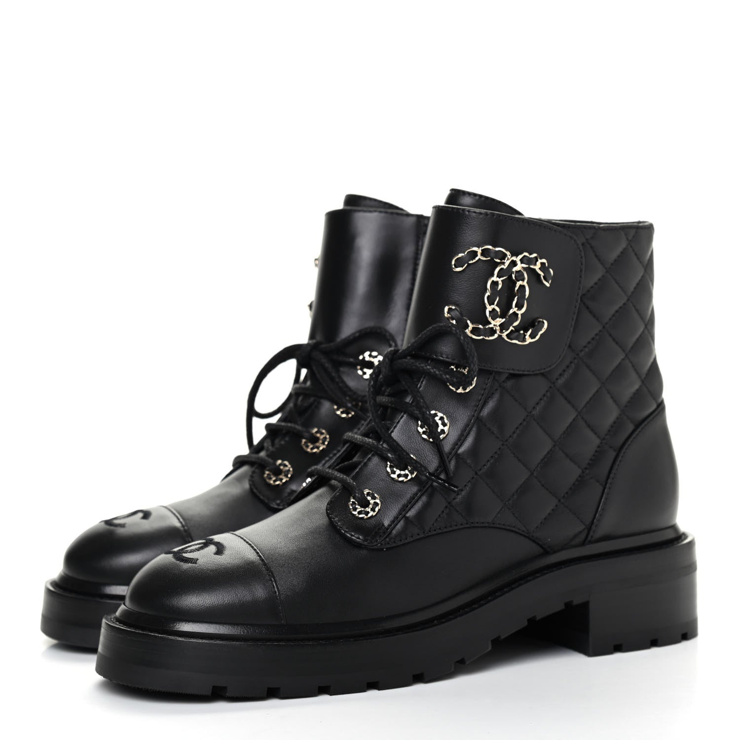 Chanel Shiny Lambskin Quilted Lace Up Combat Boots 38 Black 3 of 10