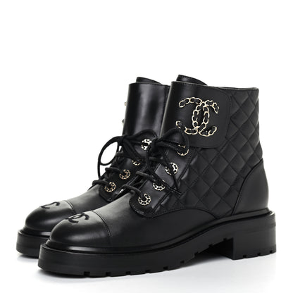 Chanel Shiny Lambskin Quilted Lace Up Combat Boots 38 Black 3 of 10