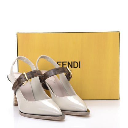 Fendi Glossy Neoprene Glazed Fabric FF FFrame Court Mary Jane Slingback Pumps 37 Pietra Tobacco Moro 9 of 9
