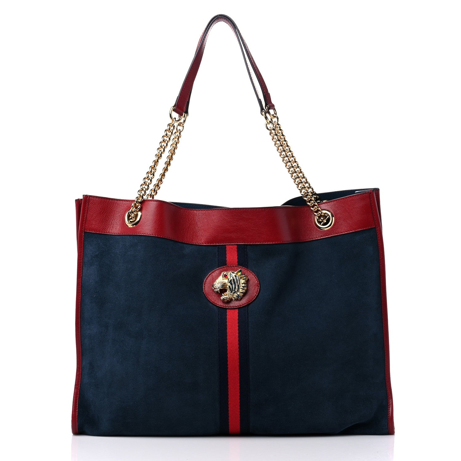 Gucci Suede Calfskin Large Rajah Chain Tote New Blue Romantic Cherry 4 of 11