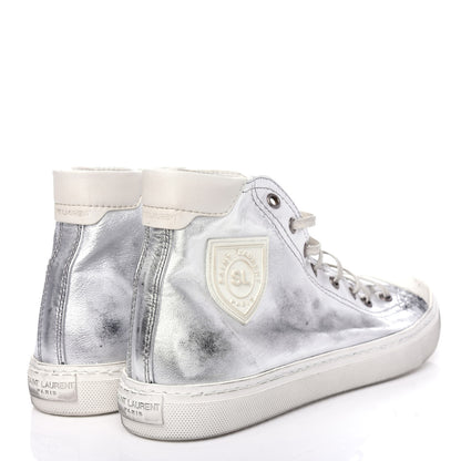 Saint Laurent Distressed Calfskin Bedford Logo-Appliqued Hightop Sneakers 40 Argento Cream White 4 of 11