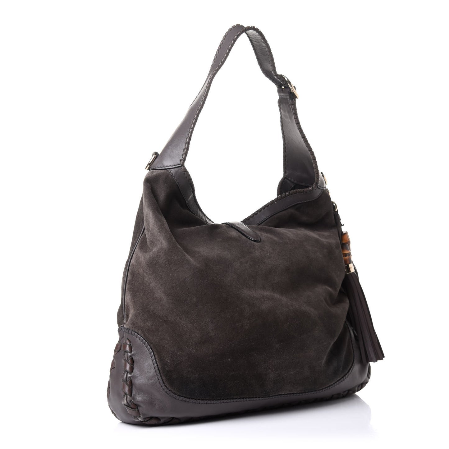 Calfskin Suede Large New Jackie Web Shoulder Bag Grey