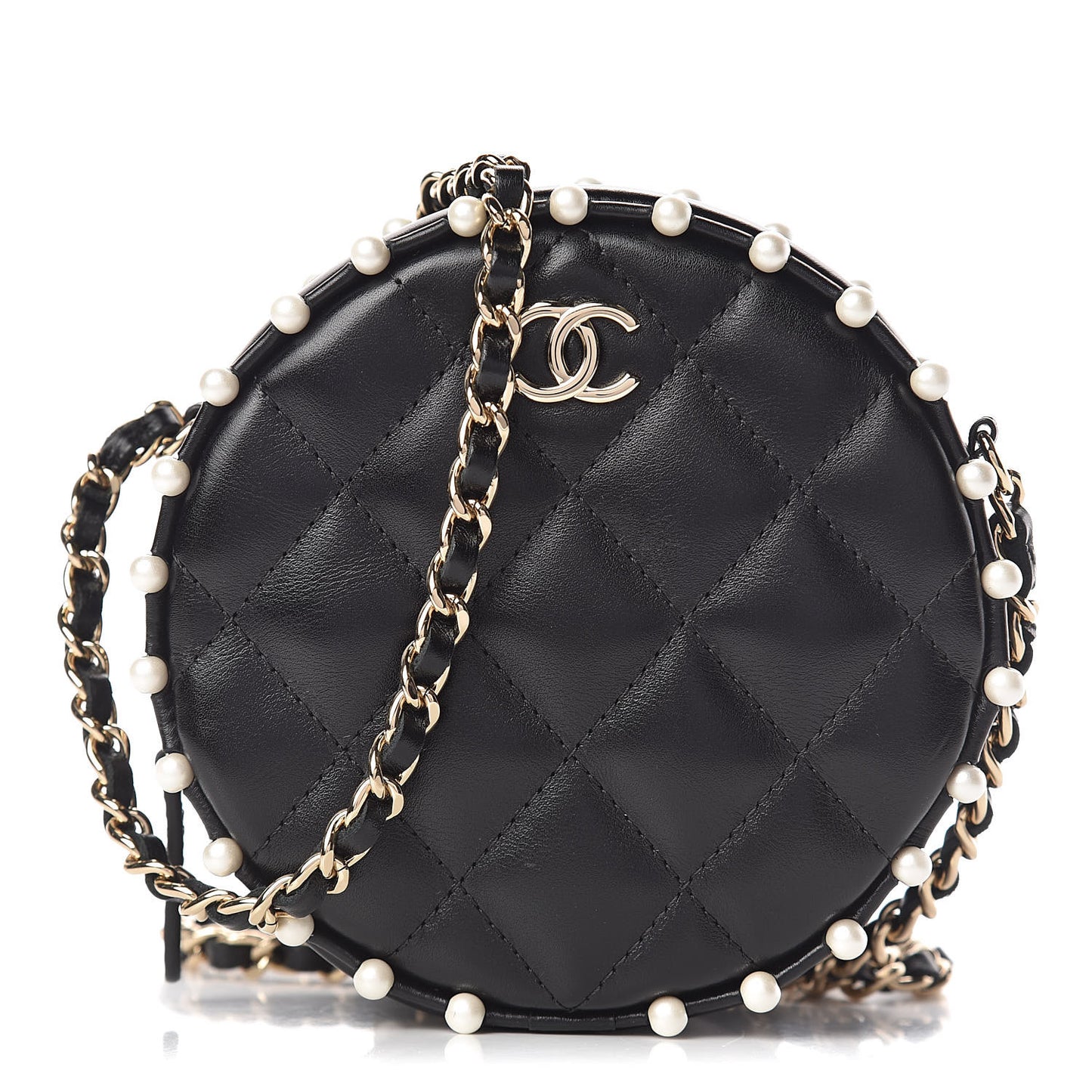Calfskin Quilted Pearl Round Clutch With Chain Black