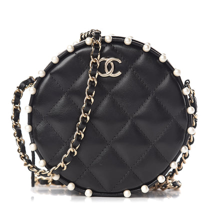 Chanel Calfskin Quilted Pearl Round Clutch With Chain Black 1 of 11
