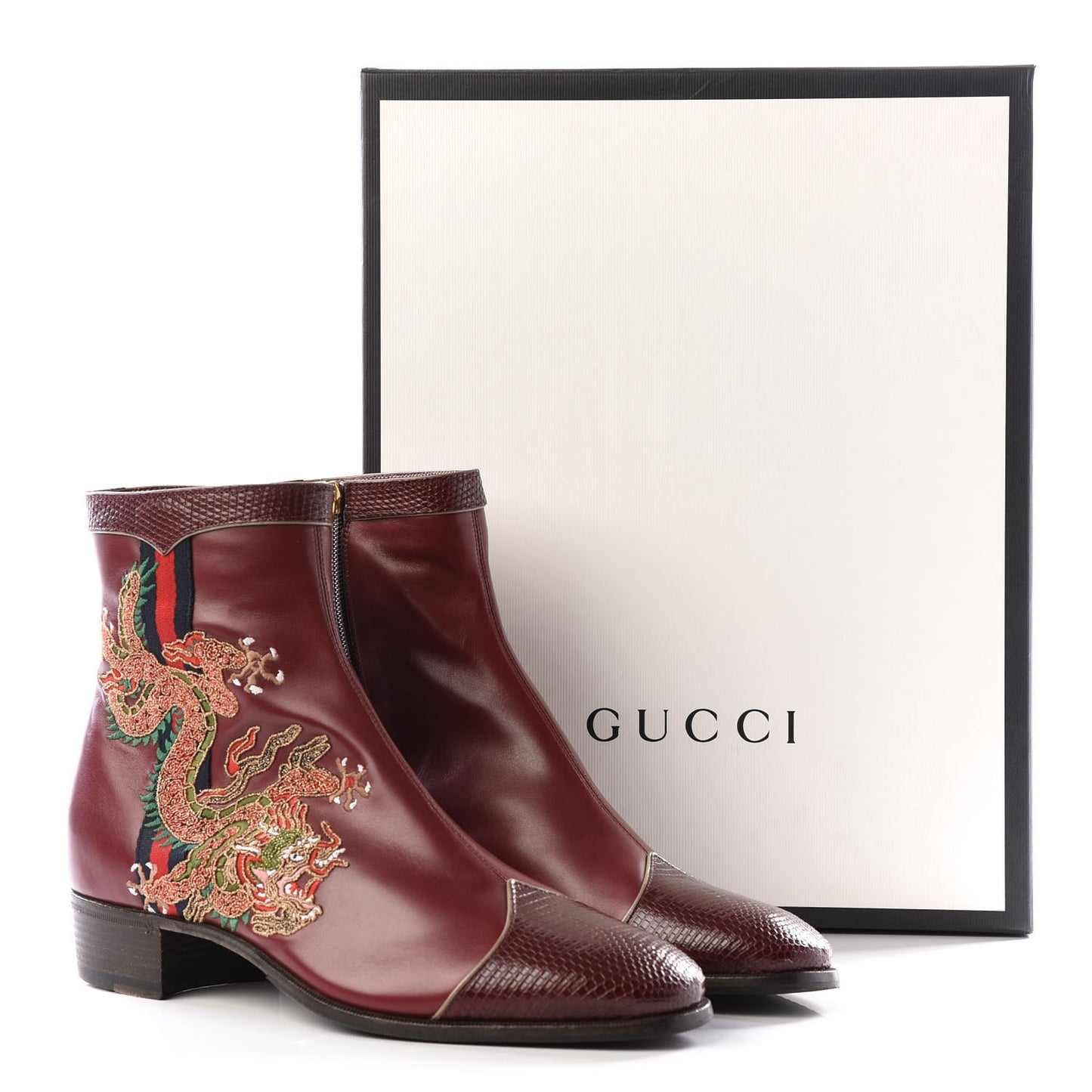 Calfskin Malaga Kid Lizard Web Dragon Embroidered Ankle Boots 7 Bordeaux
