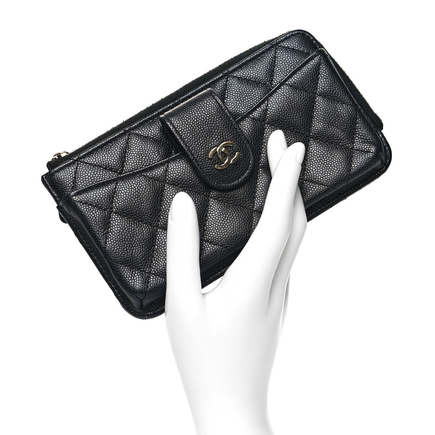 Chanel Caviar Quilted Phone Holder Zip Clutch Black 2 of 12