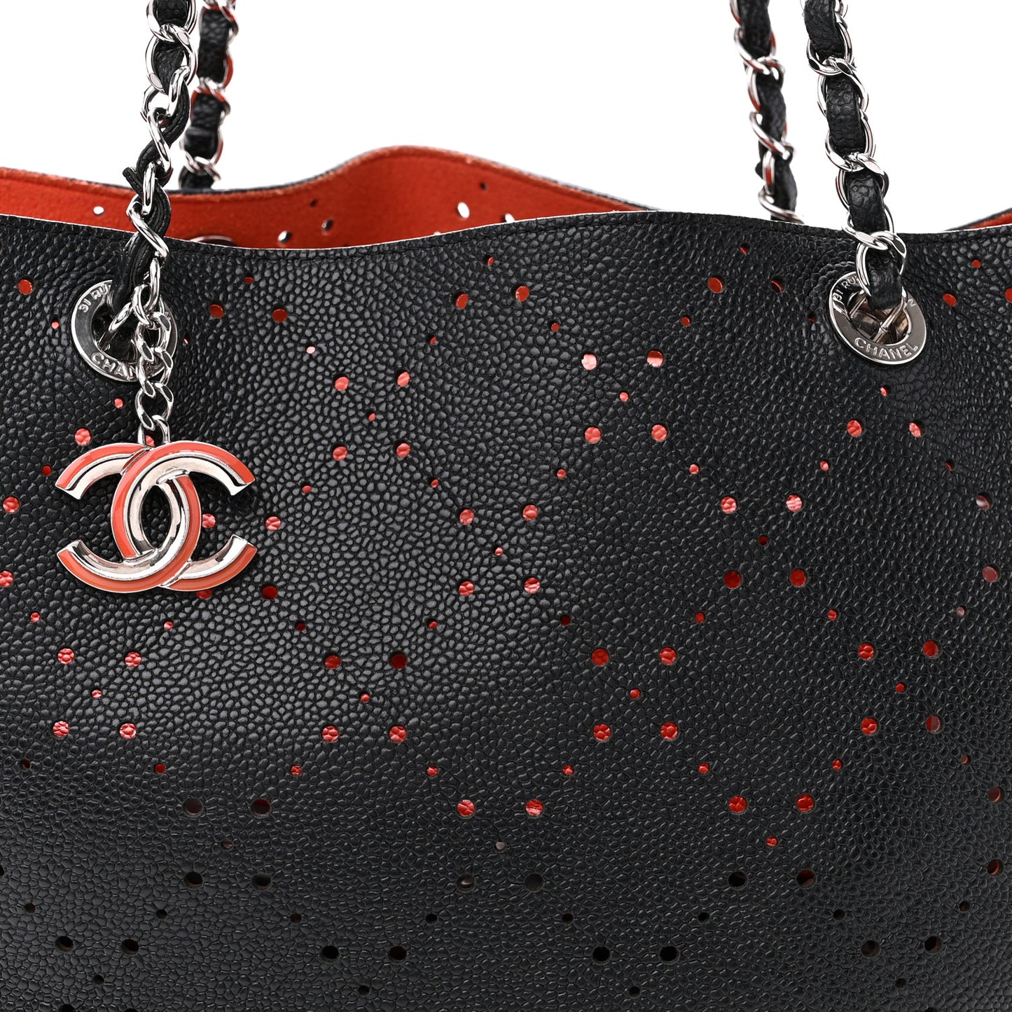 Perforated Grained Calfskin Small Shopping Tote Black