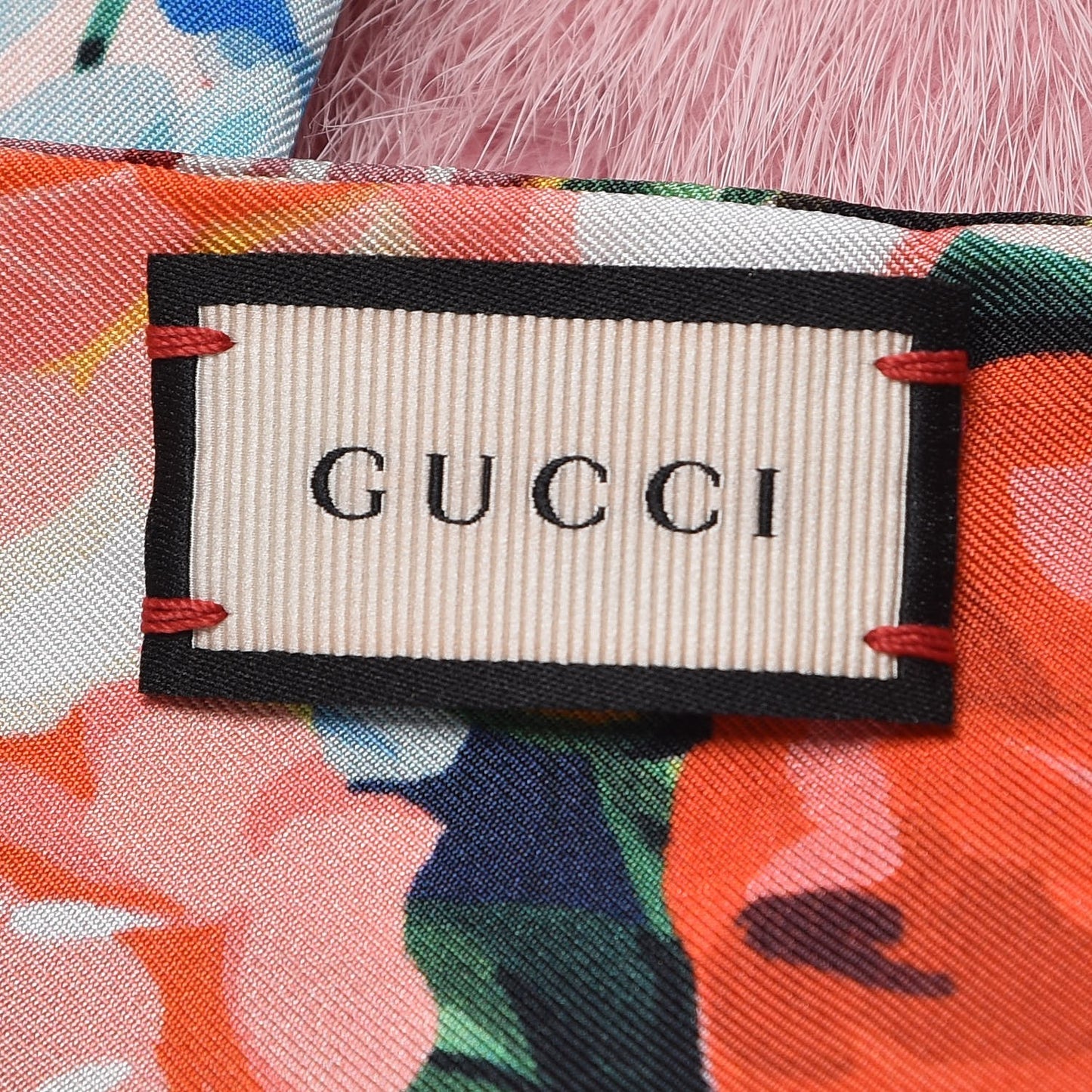 Silk Mink Fur Panel Printed Scarf Pink