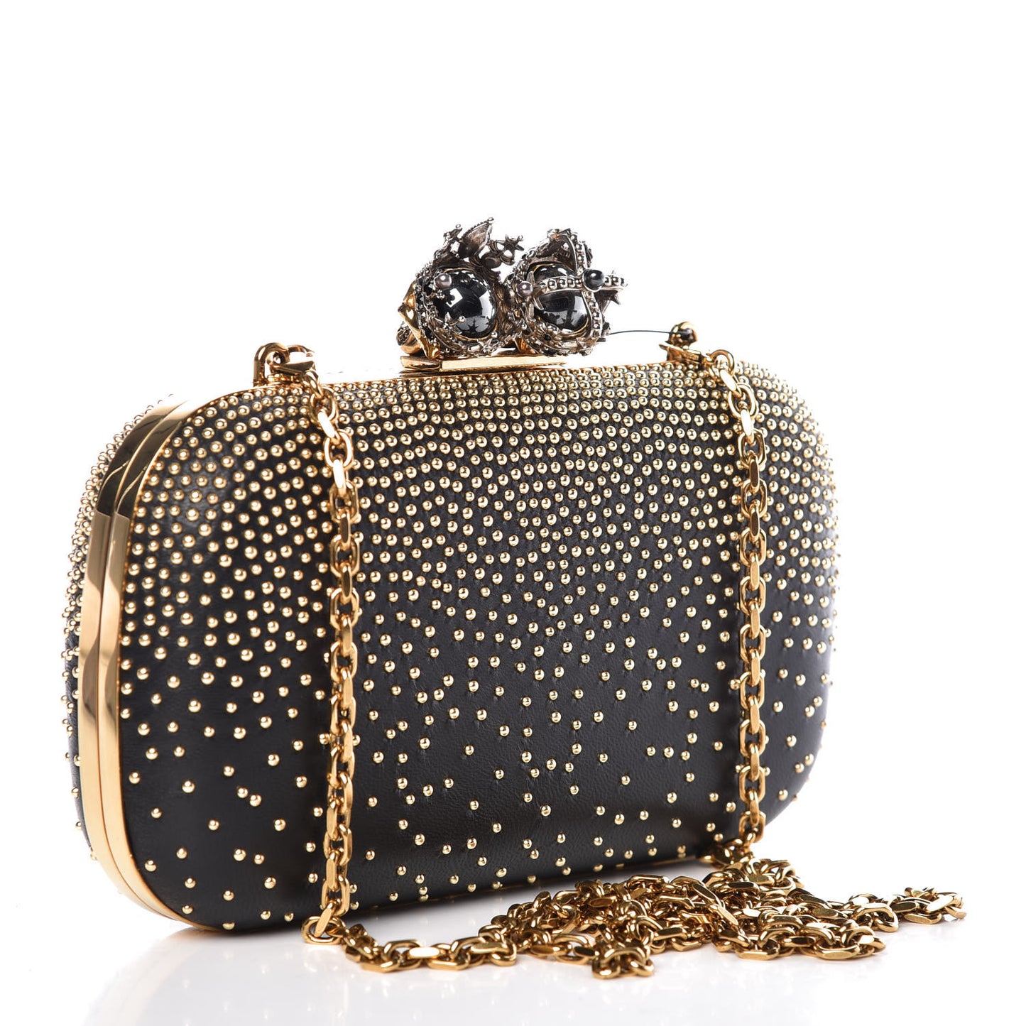Crystal Nappa Queen and King Skull Box Chain Clutch Black Gold