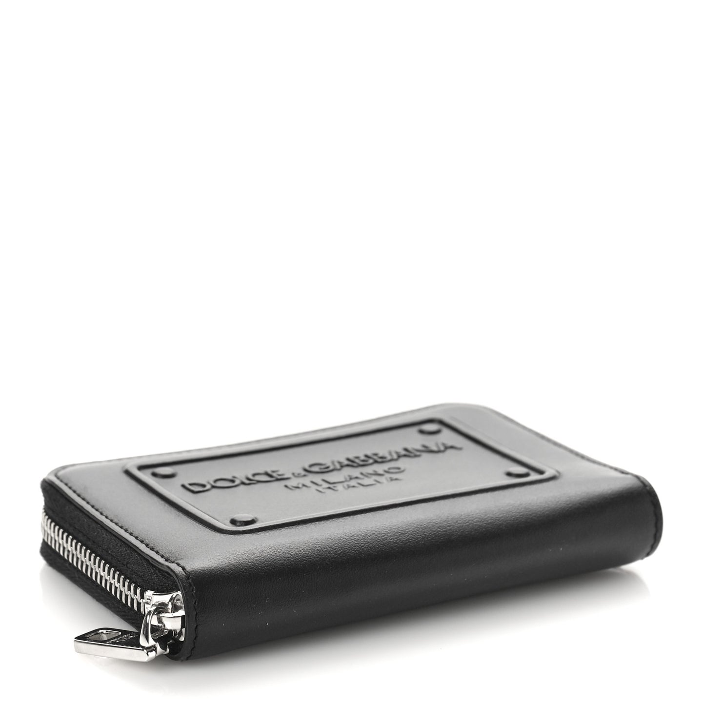Calfskin Debossed Logo Small Zip Around Wallet Black