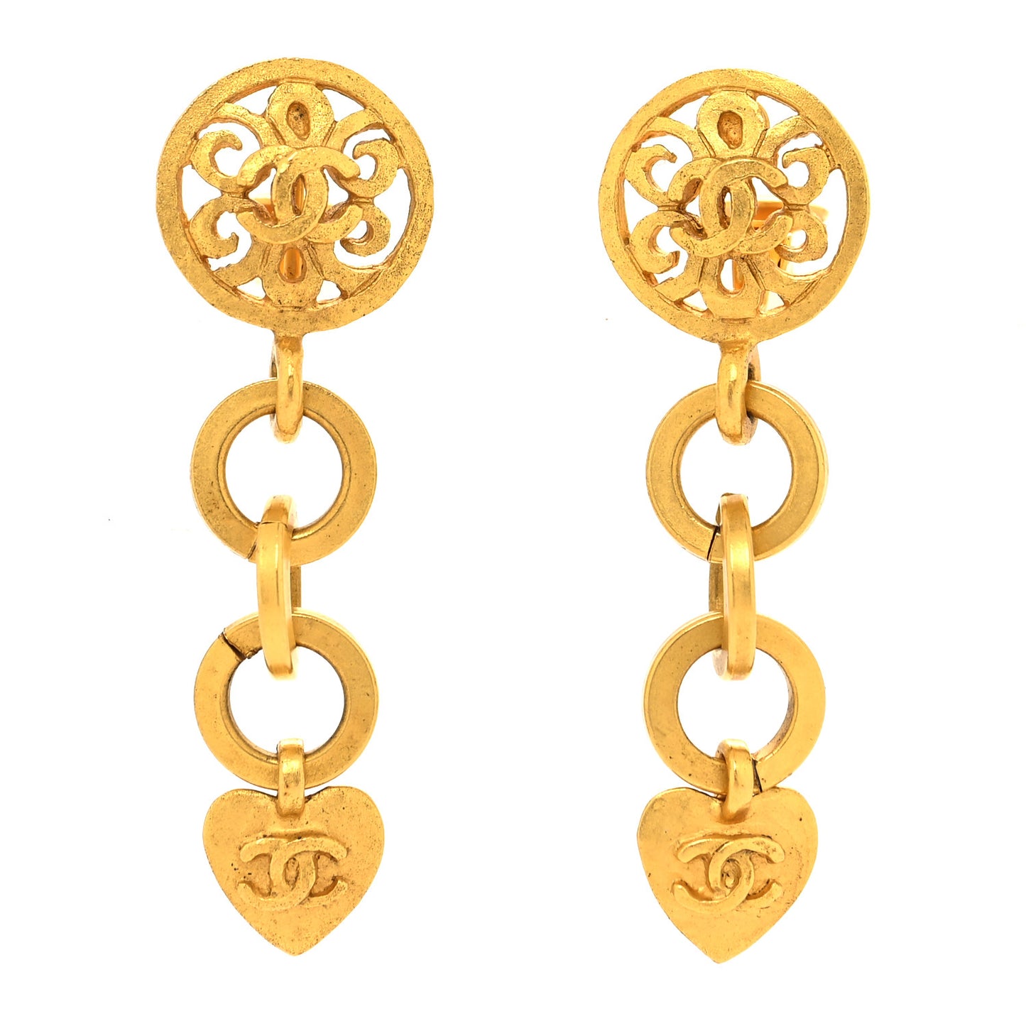 Metal CC Clip On Heart Drop Earrings Gold