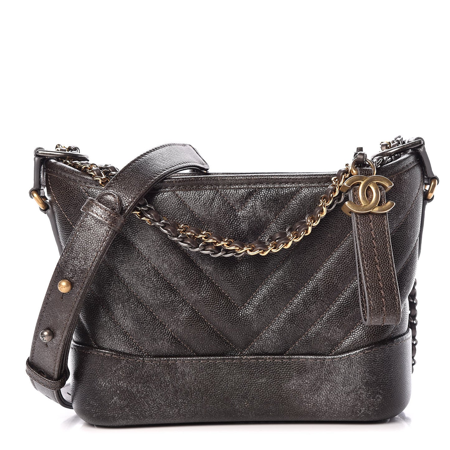 Metallic Grained Goatskin Chevron Quilted Small Gabrielle Hobo Dark Silver Gold