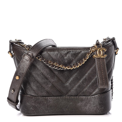 Chanel Metallic Grained Goatskin Chevron Quilted Small Gabrielle Hobo Dark Silver Gold 1 of 10