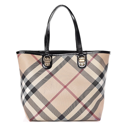 Burberry Patent Trim Small Nova Check Tote Black 1 of 11