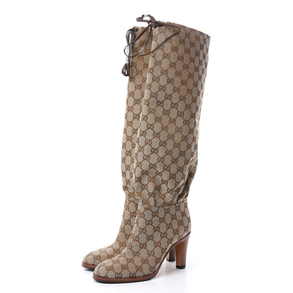 Gucci Monogram Lisa Mid Heel Boots 37.5 Beige Ebony 3 of 9