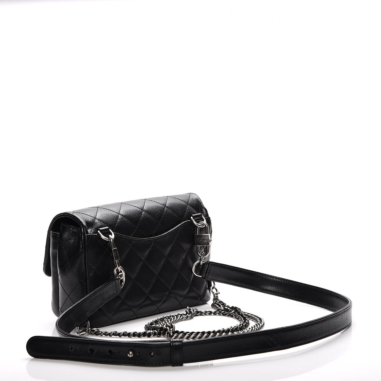 Shiny Goatskin Quilted Small Double Carry Waist Chain Flap Black