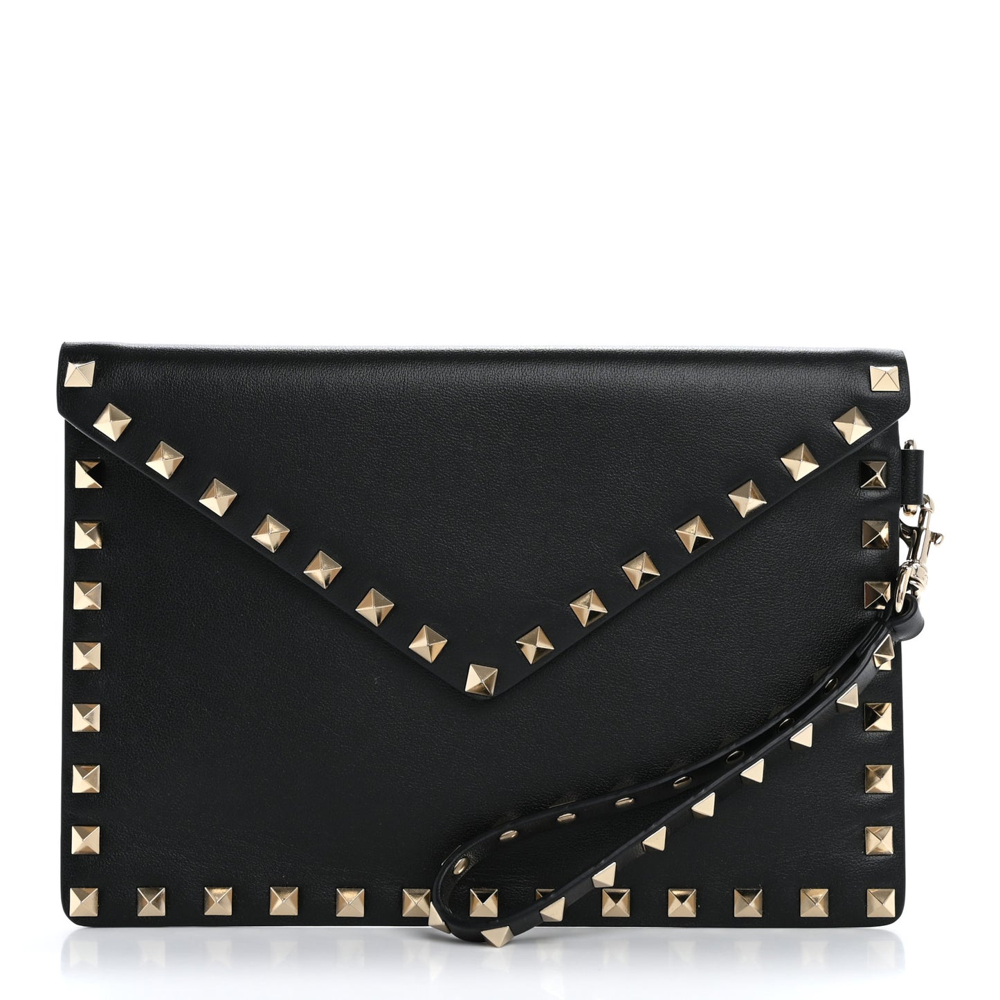 Vitello Medium Rockstud Envelope Flat Wristlet Pouch Black