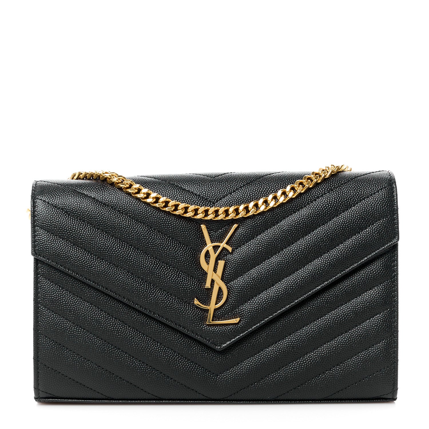 Saint Laurent Grain De Poudre Matelasse Chevron Monogram Chain Wallet Black 1 of 10