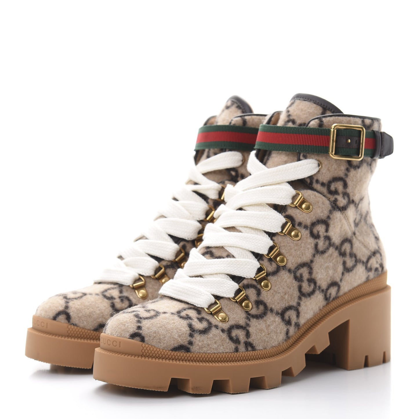 Covered Wool Big GG Monogram Womens Lace Up Combat Ankle Boots 40 Beige Ebony Cocoa