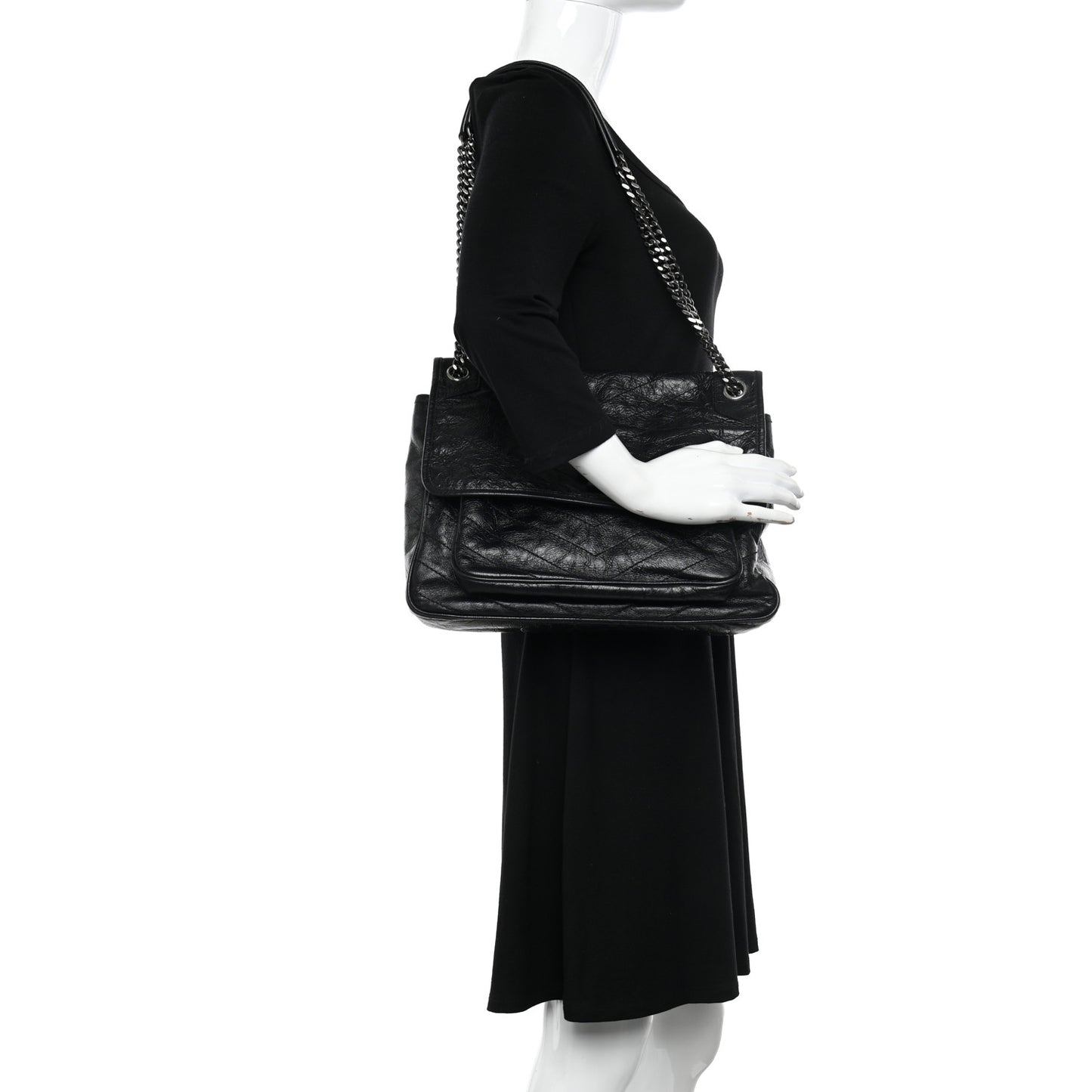 Crinkled Calfskin Matelasse Monogram Large Niki Chain Satchel Black