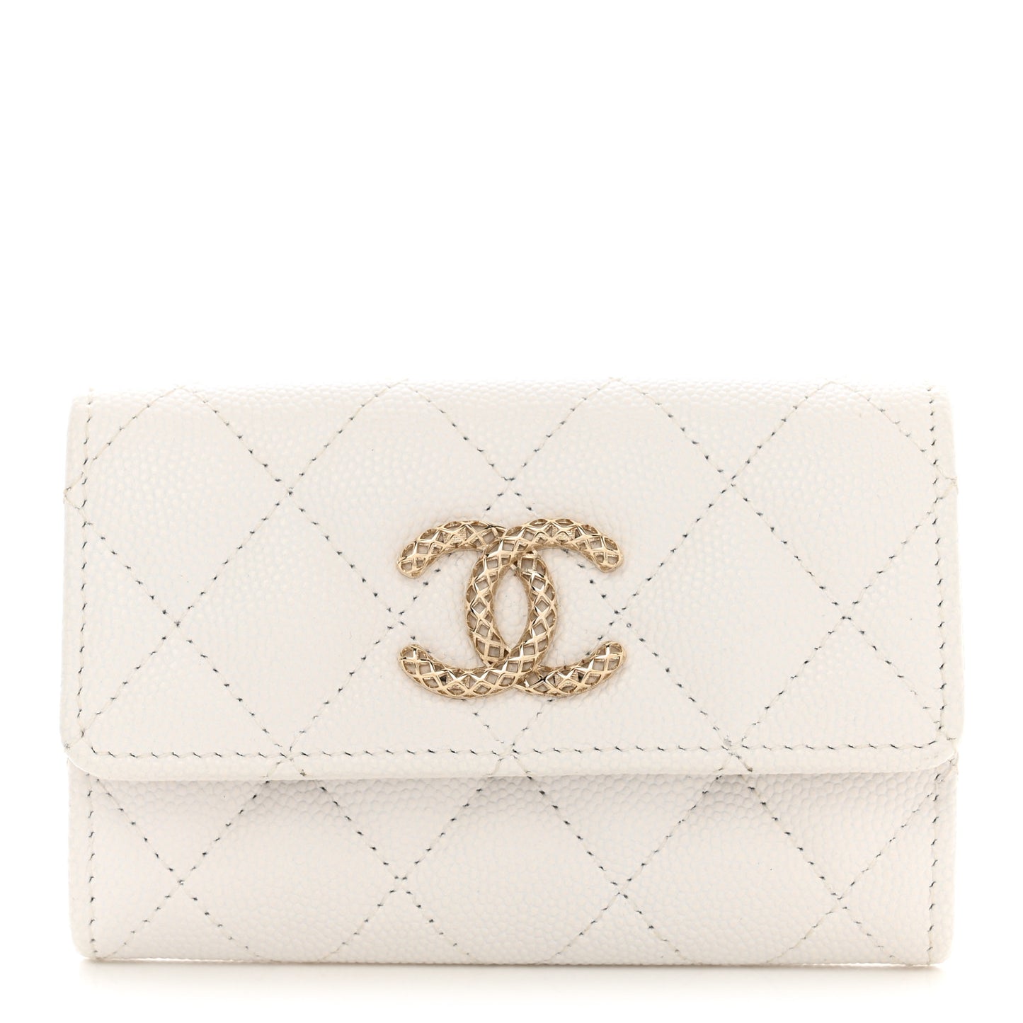 Caviar Metal Perforated Quilted CC Flap Card Holder White