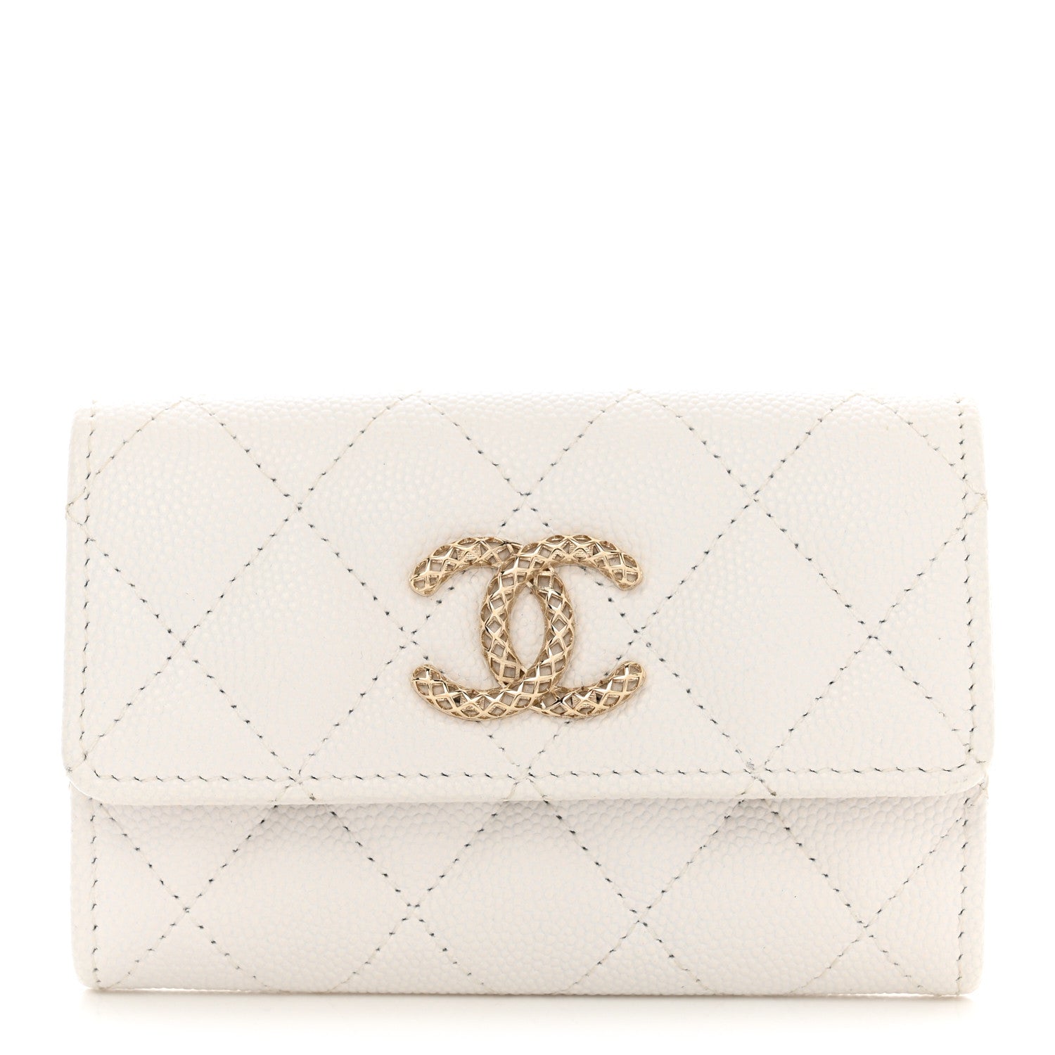 Chanel Caviar Metal Perforated Quilted CC Flap Card Holder White 1 of 8