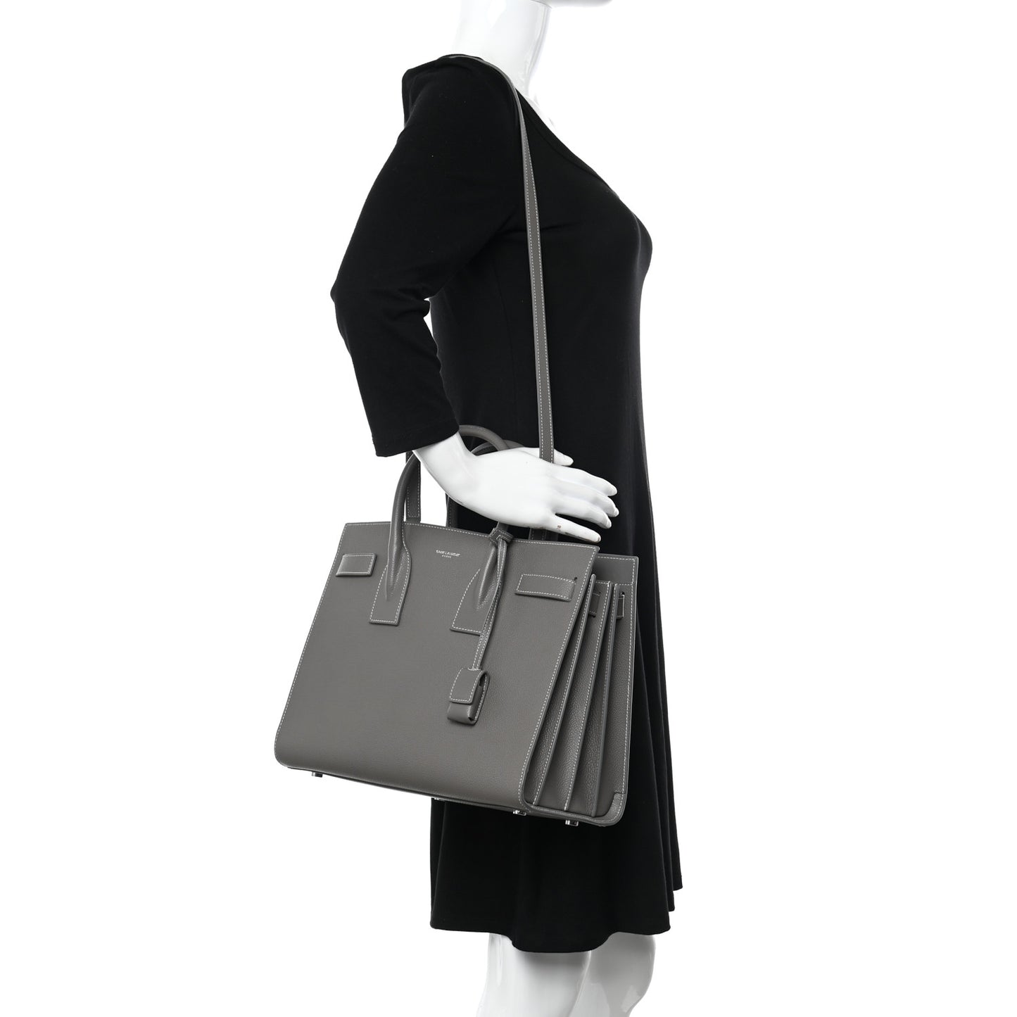Grained Calfskin Topstitch Small Sac De Jour Grey