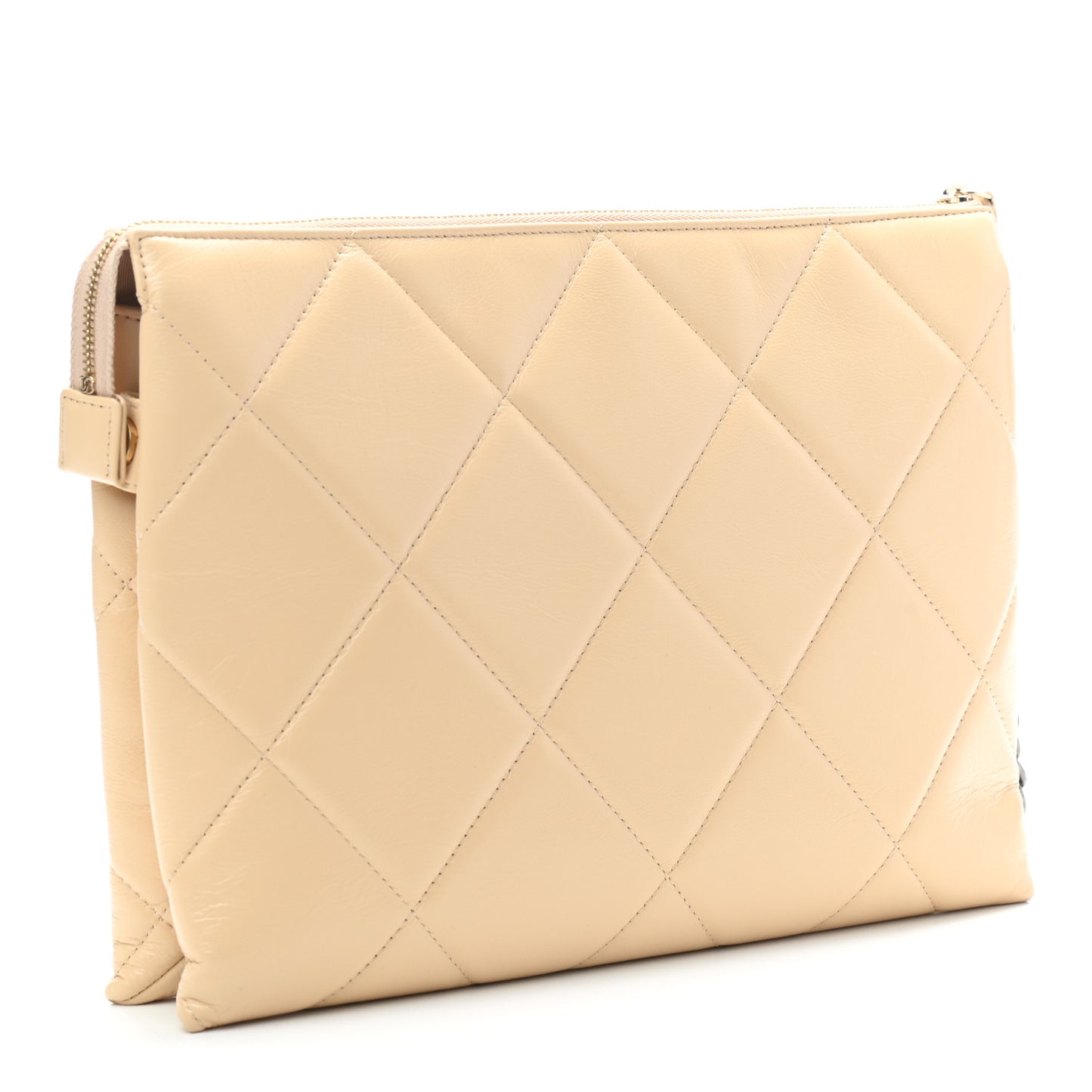 Shiny Goatskin Quilted Large Chanel 19 Pouch Beige