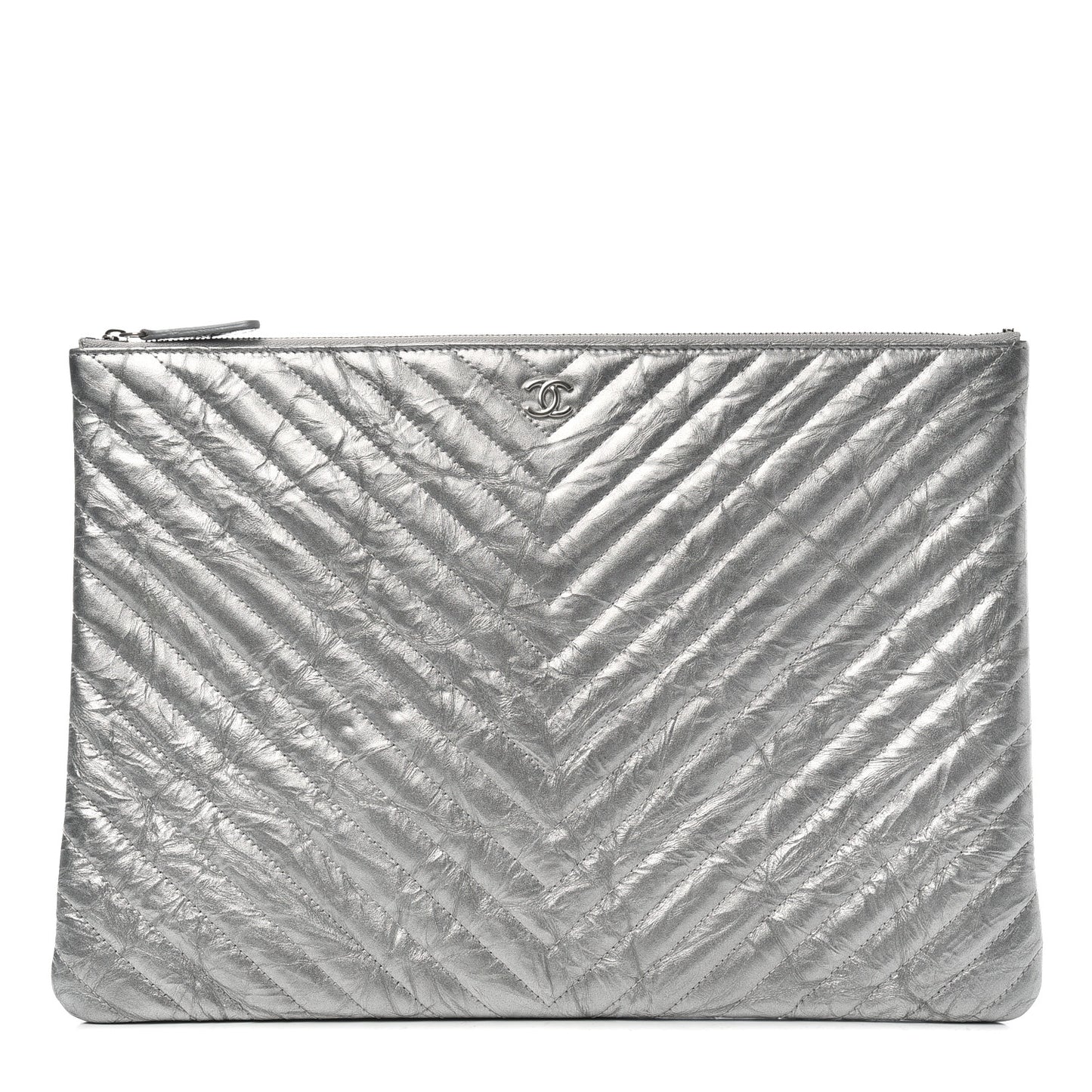 Metallic Crumpled Calfskin Chevron Quilted Medium Cosmetic Case Silver