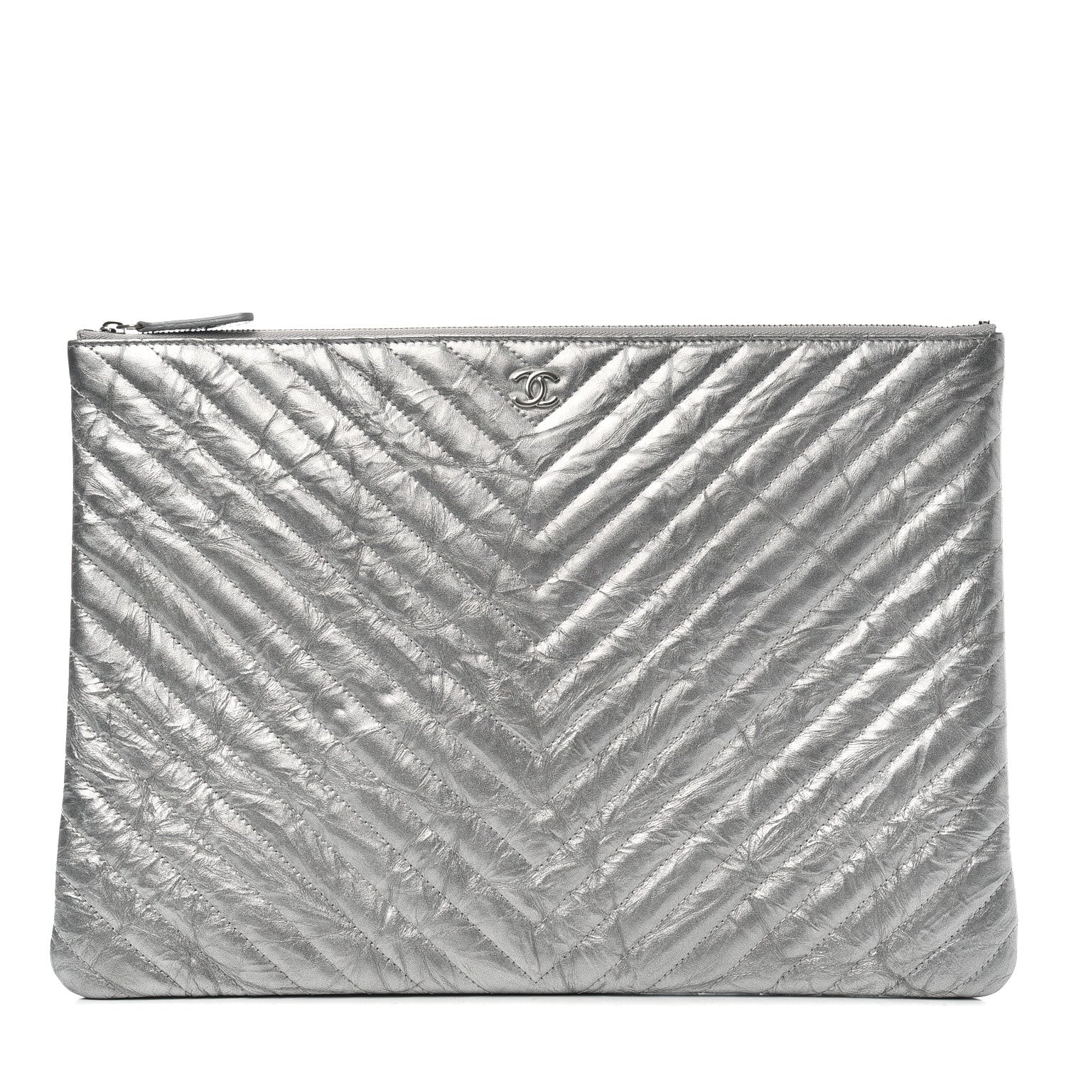 Chanel Metallic Crumpled Calfskin Chevron Quilted Medium Cosmetic Case Silver 1 of 7