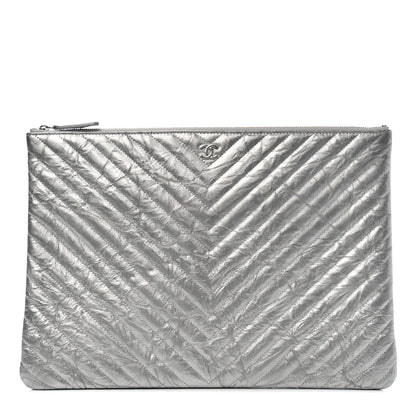 Chanel Metallic Crumpled Calfskin Chevron Quilted Medium Cosmetic Case Silver 1 of 7