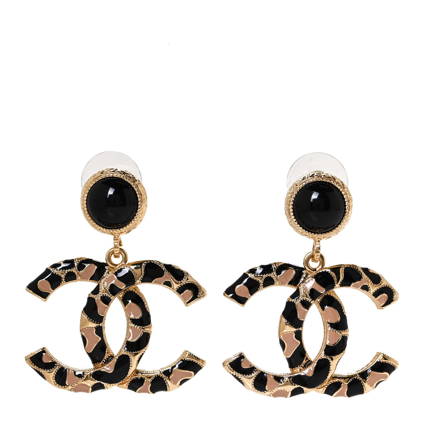 Metal Leopard Print CC Earrings Gold Black Beige