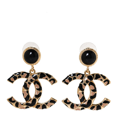Chanel Metal Leopard Print CC Earrings Gold Black Beige 1 of 6