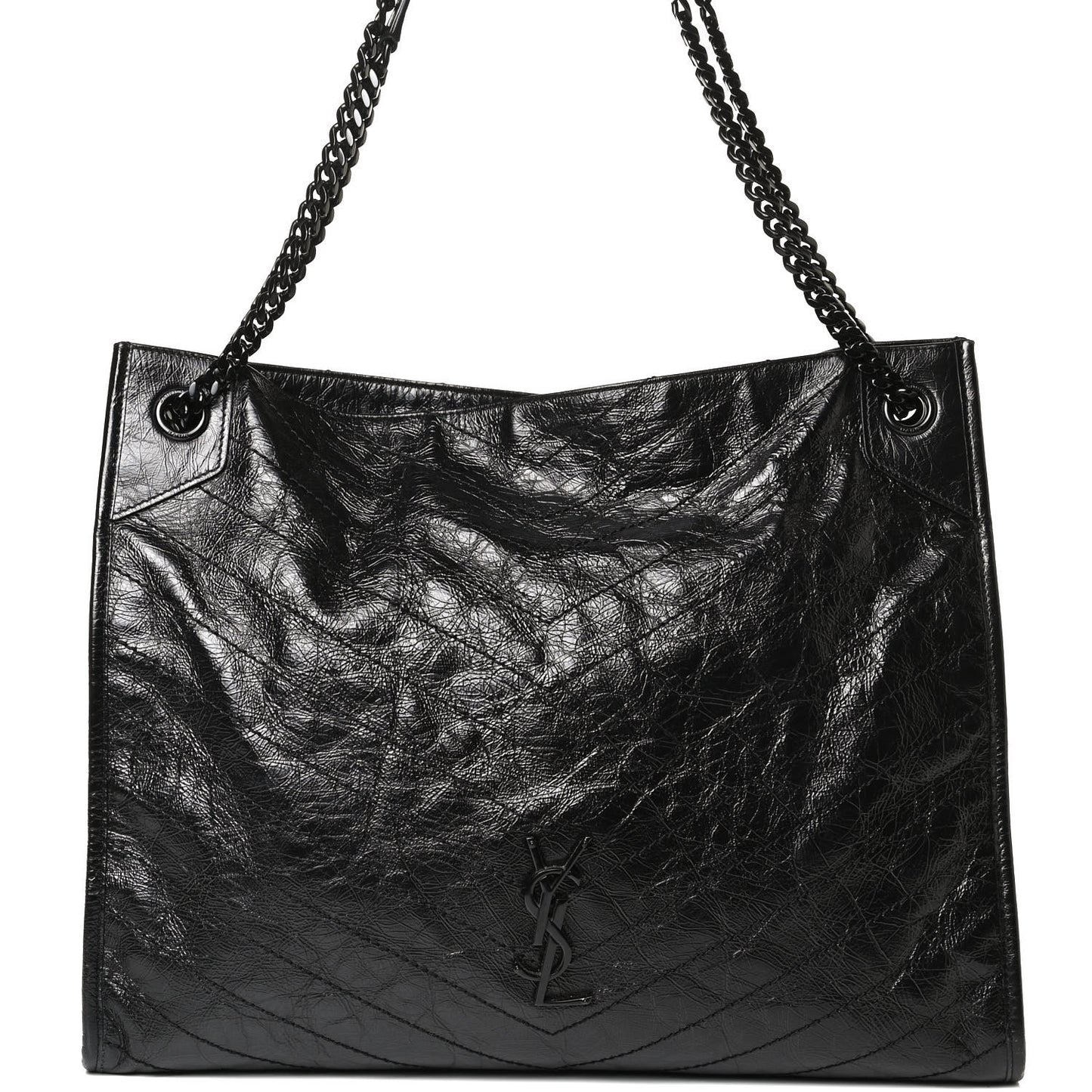 Crinkled Calfskin Matelasse Monogram Large Niki Shopper Tote Black